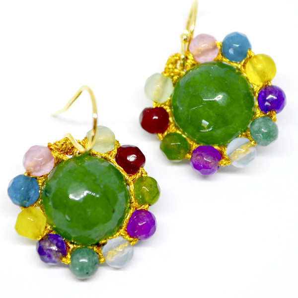 Σκουλαρίκια πολύχρωμα candies κεντημένα με ημιπολύτιμες πέτρες πράσινο - ημιπολύτιμες πέτρες, λουλούδι, boho, κρεμαστά, γάντζος