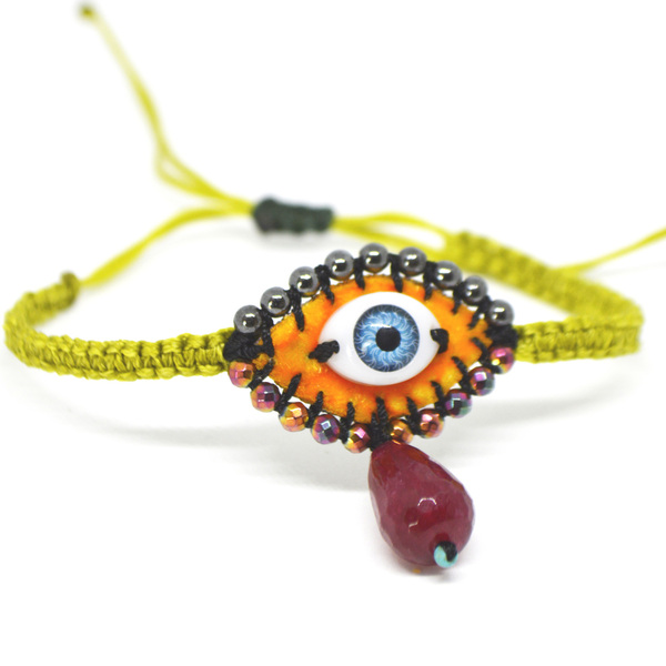 Βραχιόλι κεντητό evil eye πορτοκαλί με δάκρυ αχάτη - ημιπολύτιμες πέτρες, μακραμέ, μάτι, boho, αυξομειούμενα