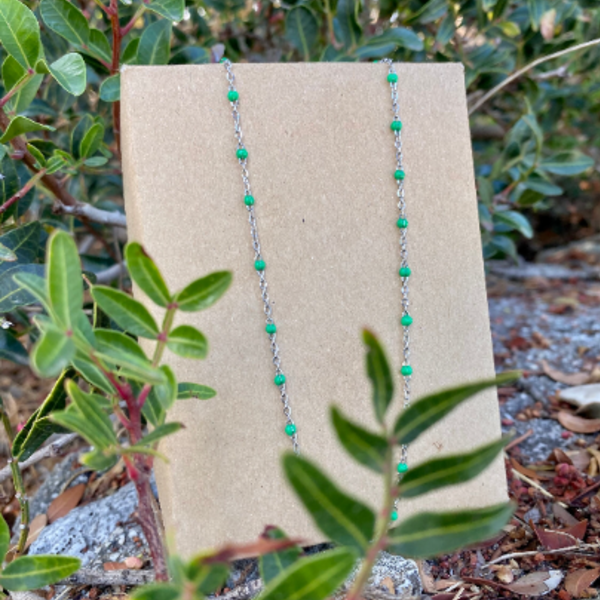 Αλυσιδα Ροζαριο σε ασημι χρωμα και πρασινες πετρες - κοντά, ατσάλι, ροζάριο, seed beads