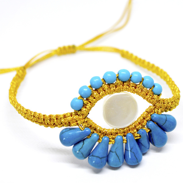 Βραχιόλι μάτι κεντημένο με χρυσοκλωστή και μπλε χαολίτη - ημιπολύτιμες πέτρες, μακραμέ, μάτι, boho, αυξομειούμενα