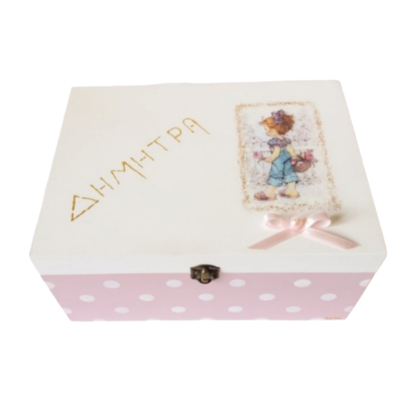 Ξύλινο κουτάκι κοριτσάκι ροζ _ λευκό πουά 23*17*11εκ. - κορίτσι, κουτί, οργάνωση & αποθήκευση, δώρα για βάπτιση, προσωποποιημένα