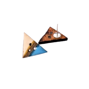 Τρίγωνα Γαλάζια ξύλινα σκουλαρίκια - ξύλο, ζωγραφισμένα στο χέρι, καρφωτά, μικρά, boho - 2