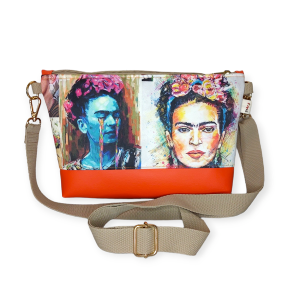 Τσάντα χιαστί Frida Kahlo με πορτοκαλί δερματίνη 30*20*6cm - ύφασμα, χιαστί, all day, frida kahlo