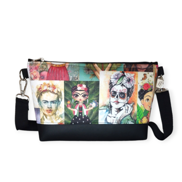 Τσάντα χιαστί Frida Kahlo με μαυρη δερματίνη 30*20*6cm - ύφασμα, χιαστί, all day, frida kahlo - 5