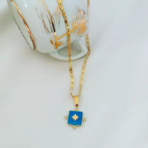 Κολιέ από ατσάλινη αλυσίδα, χρυσάφι χρώμα, κρεμαστό, τετράγωνο ατσάλινο μπλε σμάλτο - charms, αστέρι, κοντά, ατσάλι - 2