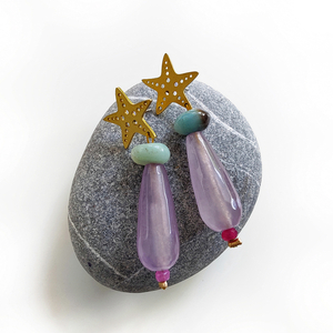 Σκουλαρίκια αστερίας - ημιπολύτιμες πέτρες, ορείχαλκος, μακριά, καρφωτά, μεγάλα