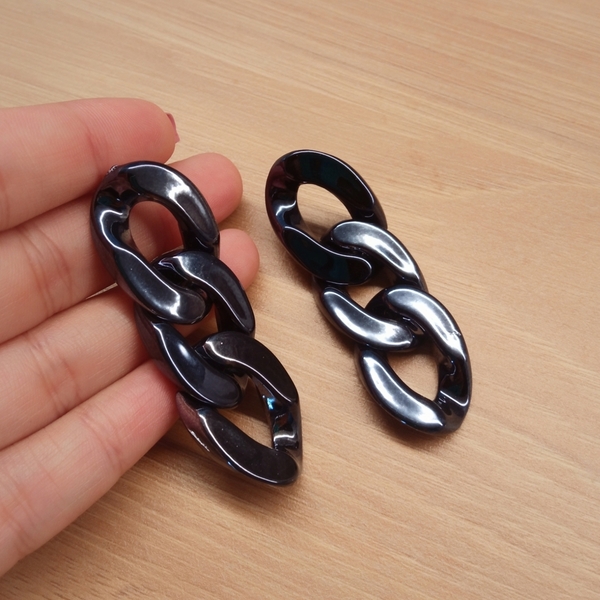 Ακρυλικά σκουλαρίκια αλυσίδα μαύρα - χαλκός, μακριά, καρφωτά, plexi glass, καρφάκι - 3