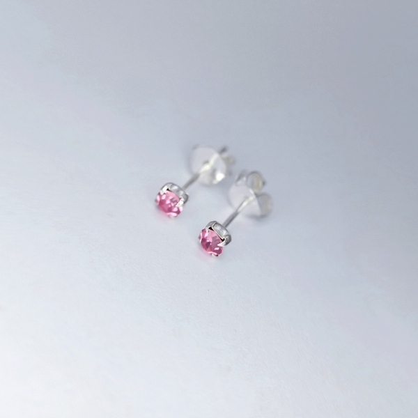 Μίνι ασημένια 925° σκουλαρίκια με ροζ ζιργκόν - στρας, ασήμι 925, καρφωτά, μικρά, φθηνά - 2