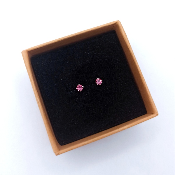 Μίνι ασημένια 925° σκουλαρίκια με ροζ ζιργκόν - στρας, ασήμι 925, καρφωτά, μικρά, φθηνά