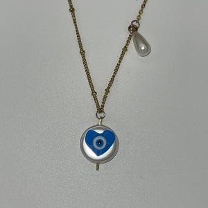 Blue Heart with Pearl - charms, μάτι, κοντά, ατσάλι, πέρλες