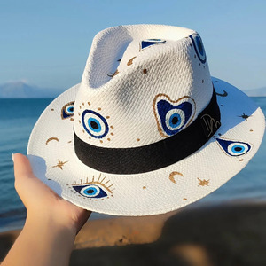 Ψάθινο καπέλο-Panama style-blue eyes - ζωγραφισμένα στο χέρι, απαραίτητα καλοκαιρινά αξεσουάρ, boho, ψάθινα - 3