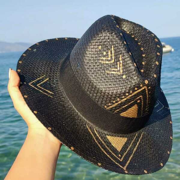 Ψάθινο καπέλο-Panama style-Black/Gold Arrows - ζωγραφισμένα στο χέρι, απαραίτητα καλοκαιρινά αξεσουάρ, boho, ψάθινα - 4