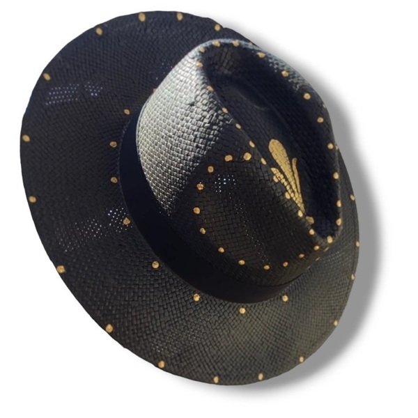 Ψάθινο καπέλο-Panama style-Black/Gold - ζωγραφισμένα στο χέρι, απαραίτητα καλοκαιρινά αξεσουάρ, boho, ψάθινα - 2