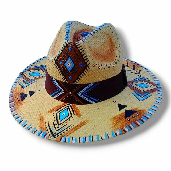 Ψάθινο καπέλο-Panama style-Light Brown/Blue - ζωγραφισμένα στο χέρι, απαραίτητα καλοκαιρινά αξεσουάρ, boho, ψάθινα