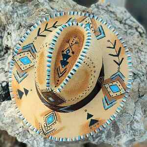 Ψάθινο καπέλο-Panama style-Light Brown/Blue - ζωγραφισμένα στο χέρι, απαραίτητα καλοκαιρινά αξεσουάρ, boho, ψάθινα - 4