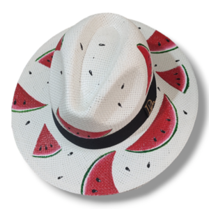 Ψάθινο καπέλο-Panama style-Watermelon - ζωγραφισμένα στο χέρι, καρπούζι, απαραίτητα καλοκαιρινά αξεσουάρ, ψάθινα