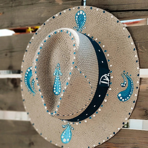 Ψάθινο καπέλο-Panama style-Grey/Water Splash - ζωγραφισμένα στο χέρι, απαραίτητα καλοκαιρινά αξεσουάρ, boho, ψάθινα - 2