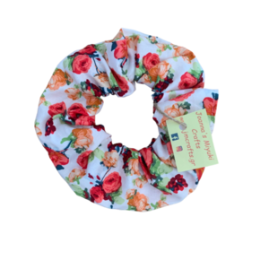 Scrunchie XL Πορτοκαλί Άνθη - ύφασμα, λουλούδια, για τα μαλλιά, δώρα για γυναίκες, λαστιχάκια μαλλιών
