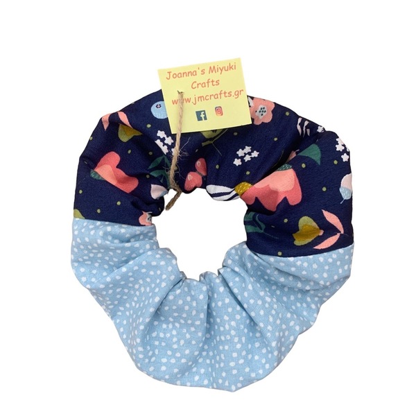 Scrunchie XL Λουλούδια Μπλε & Γαλάζιο - ύφασμα, λουλούδια, για τα μαλλιά, δώρα για γυναίκες, λαστιχάκια μαλλιών