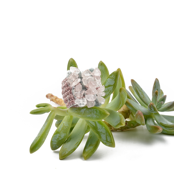ATHINA MAILI - Υφαντό φαρδύ δαχτυλίδι με ημιπολύτιμες πέτρες ροζ χαλαζία - ημιπολύτιμες πέτρες, χειροποίητα, boho, μεγάλα - 4