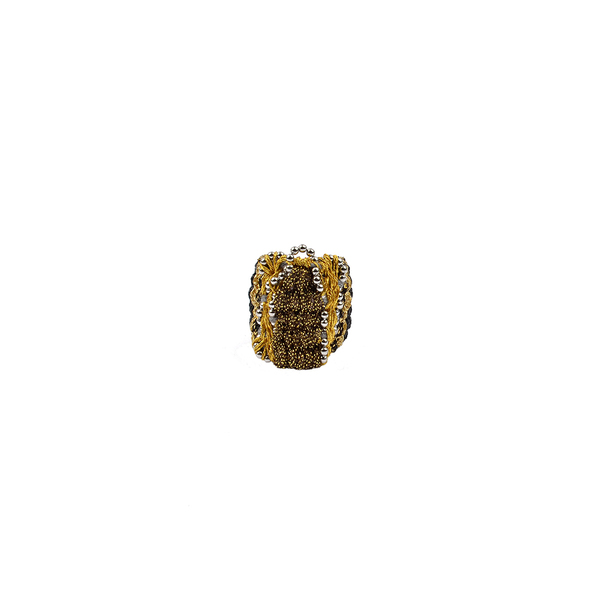 ATHINA MAILI - Υφαντό φαρδύ δαχτυλίδι με μεταλλικά νήματα και ατσάλινη αλυσίδα - χειροποίητα, υφαντά, ατσάλι, boho, μεγάλα - 5
