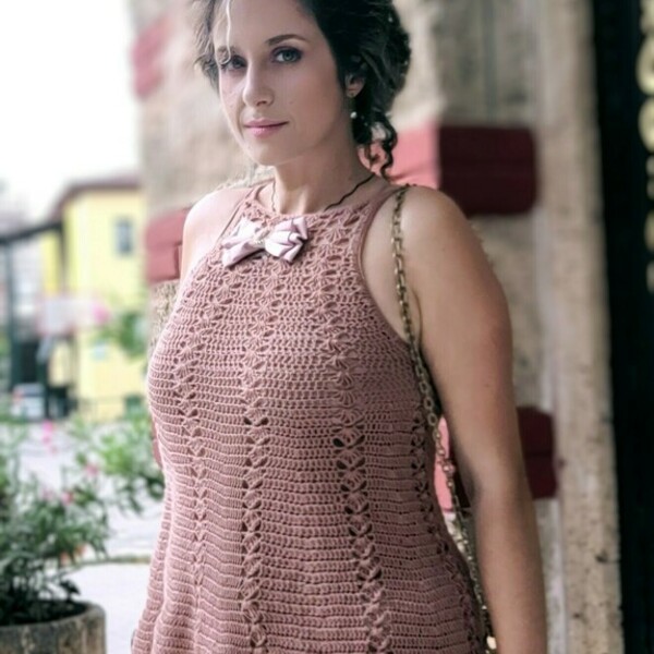 Maia Crochet Dress handmade - βαμβάκι, mini, αμάνικο, φλοράλ, γάμου - βάπτισης - 3