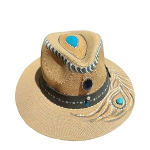 " PEACOCK FEATHERS" Καπέλο σε χρώμα ταμπά τύπου Πανάμα ζωγραφισμένο στο χέρι - ψάθινα