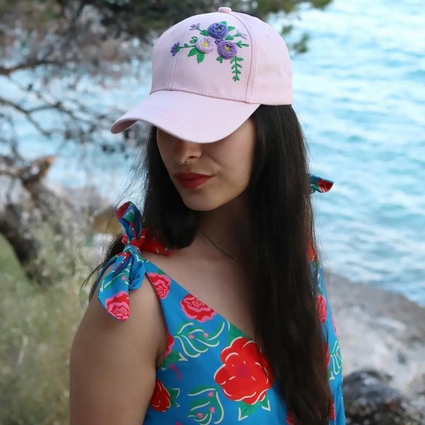 Ροζ Καπέλο με κεντημένα λουλούδια στο χέρι - ύφασμα - 2