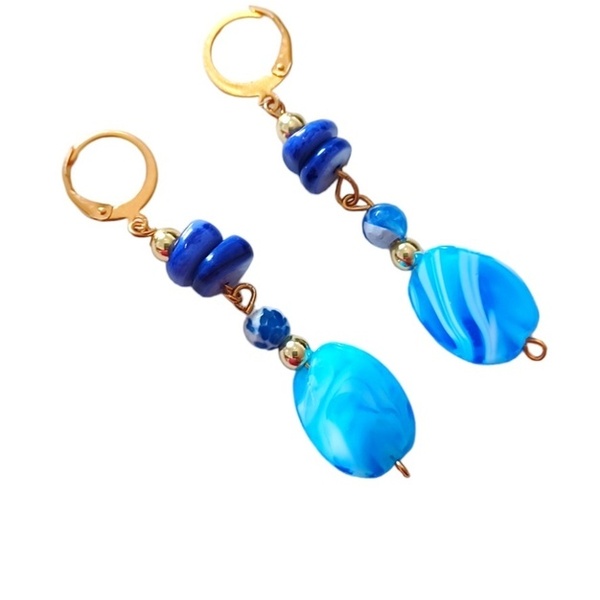 Σκουλαρίκια με γαλάζιες πέτρες μουράνο - ημιπολύτιμες πέτρες, αιματίτης, κρεμαστά, δώρο οικονομικό