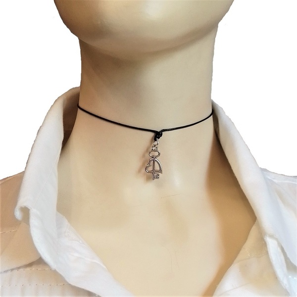 Cord necklace μαύρο, κλειδί με καρδιά, 33εκ. - ορείχαλκος, καρδιά, κοντά, boho, δώρα για γυναίκες - 2