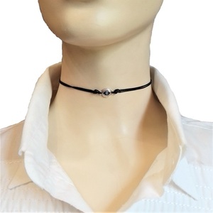 Cord necklace μαύρο με μπλε ματάκι, 30εκ. - ορείχαλκος, μάτι, minimal, κοντά, boho - 2