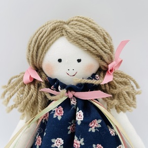 Χειροποίητη Κούκλα 41 εκ. με floral μπλε φόρεμα. - λούτρινα, κουκλίτσα, διακοσμητικά, για παιδιά - 4