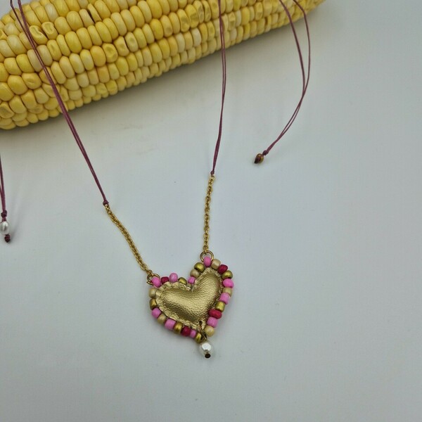 Κολιέ Δερμάτινη καρδιά 3 σε 1 - ροζ χρυσό - δέρμα, καρδιά, χάντρες, ατσάλι, seed beads - 3