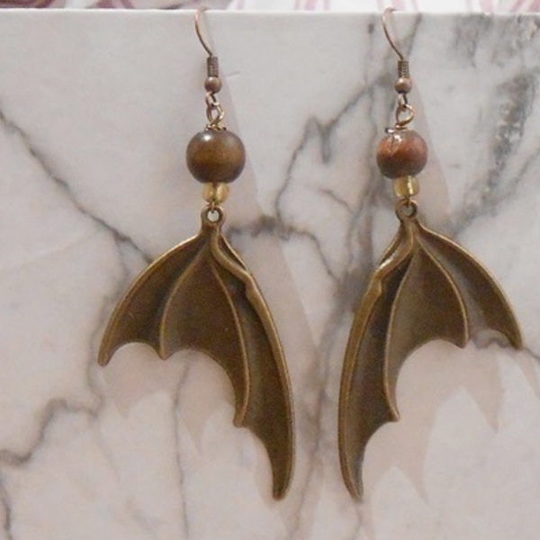 Σκουλαρίκια με χάντρες και μεταλλικά στοιχεία Bat Earrings Bronze - χάντρες, μπρούντζος, κρεμαστά, μεγάλα, γάντζος - 3