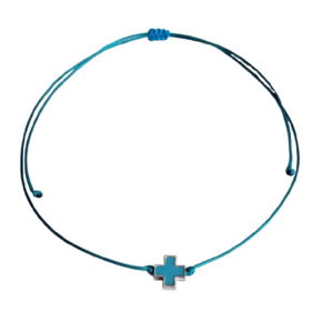 Cord necklace τυρκουάζ, σταυρός μεταλλικός με τυρκουάζ σμάλτο, 31εκ. - ορείχαλκος, σταυρός, minimal, κοντά, boho