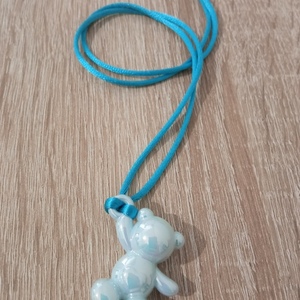 Γαλάζιο κολιέ με γυάλινο γαλάζιο ιριδίζον αρκουδάκι - γυαλί, καρδιά, αρκουδάκι, μεγάλα - 2