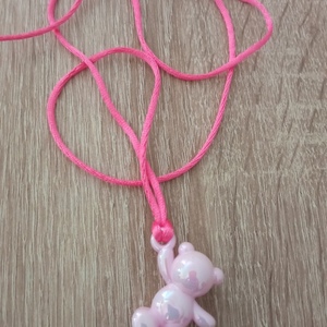 Φούξια κολιέ με γυάλινο ροζ ιριδίζον αρκουδάκι - γυαλί, καρδιά, αρκουδάκι, μεγάλα - 2