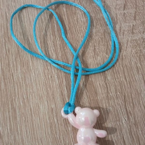 Γαλάζιο κολιέ με γυάλινο ροζ ιριδίζον αρκουδάκι - γυαλί, καρδιά, αρκουδάκι, μεγάλα - 2