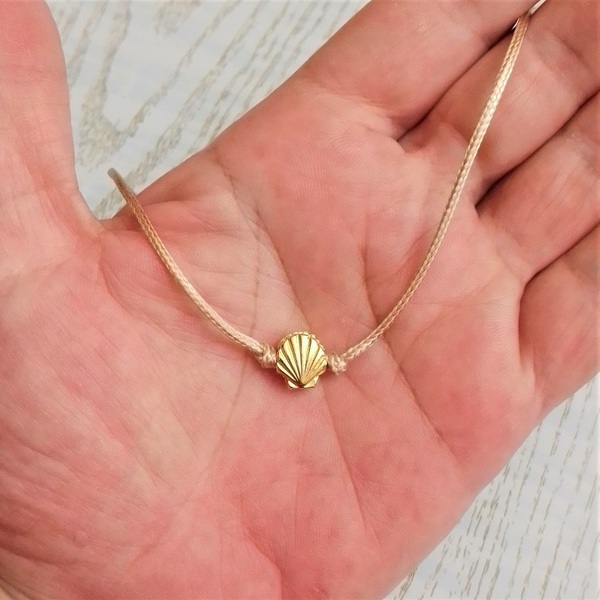 Cord necklace μπεζ με ατσάλινη χρυσαφί αχιβάδα, 32εκ. - κοντά, ατσάλι, boho, δώρα για γυναίκες - 5