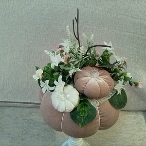 Κολοκύθα χειροποίητη βελούδινη με λουλούδια κ κολοκύθες μικρές 23 εκ ύψος κ 23 εκ πλάτος - ύφασμα, διακοσμητικά - 4