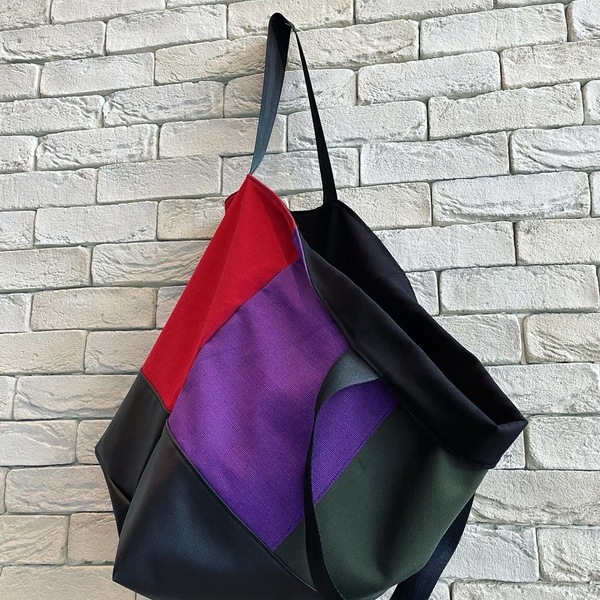 Χειροποίητη oversized τσάντα διπλής Color Blocking - ύφασμα, ώμου, διπλής όψης, χειροποίητα, μεγάλες