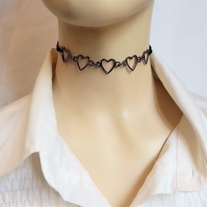 Cord necklace μαύρο, με καρδιές, 35εκ. - ορείχαλκος, καρδιά, κοντά, boho, δώρα για γυναίκες - 2