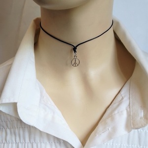 Cord necklace μαύρο με το "σήμα της ειρήνης", 32εκ. - ορείχαλκος, κοντά, boho, δώρα για γυναίκες - 2