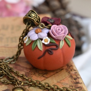 Floral Pumpkin Necklace | Μακρύ Κολιέ με Χειροποίητη Φλοράλ Κολοκύθα (Πολυμερικός Πηλός, Μπρούντζος) (72εκ. + 5εκ.) - πηλός, μακριά, μπρούντζος, μεγάλα, κολοκύθα - 2