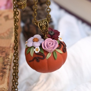 Floral Pumpkin Necklace | Μακρύ Κολιέ με Χειροποίητη Φλοράλ Κολοκύθα (Πολυμερικός Πηλός, Μπρούντζος) (72εκ. + 5εκ.) - πηλός, μακριά, μπρούντζος, μεγάλα, κολοκύθα - 3