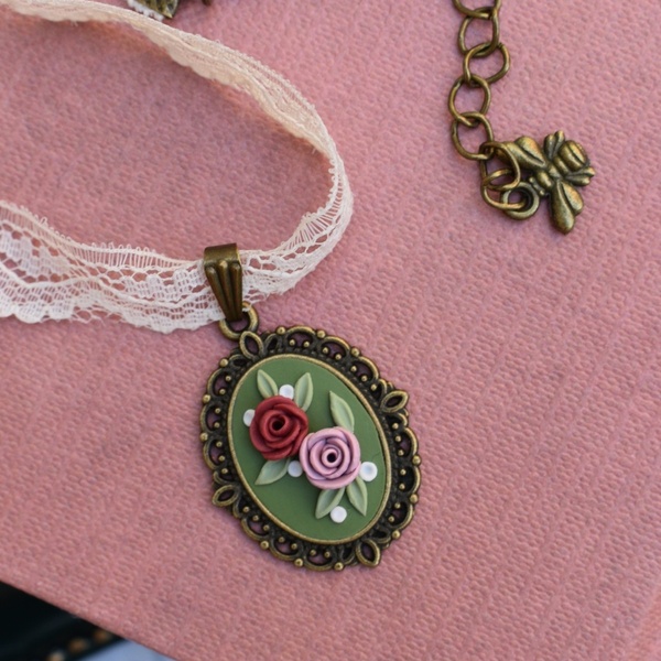 Vintage Choker Necklace | Δαντελένιο Τσόκερ Μενταγιόν με Τριαντάφυλλα (Πολυμερικός Πηλός, Μπρούντζος) (Μήκος 33cm + 5cm) - τσόκερ, κοντά, λουλούδι, μπρούντζος, αυξομειούμενα - 2