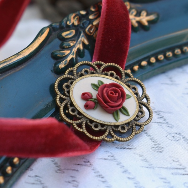 Vintage Choker Necklace | Μπορντό Βελούδινο Τσόκερ με Κόκκινα Τριαντάφυλλα (Πολυμερικός Πηλός, Μπρούντζος) (Μήκος 33cm + 5cm) - τσόκερ, κοντά, λουλούδι, μπρούντζος, αυξομειούμενα