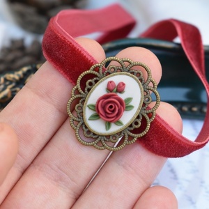 Vintage Choker Necklace | Μπορντό Βελούδινο Τσόκερ με Κόκκινα Τριαντάφυλλα (Πολυμερικός Πηλός, Μπρούντζος) (Μήκος 33cm + 5cm) - τσόκερ, κοντά, λουλούδι, μπρούντζος, αυξομειούμενα - 4