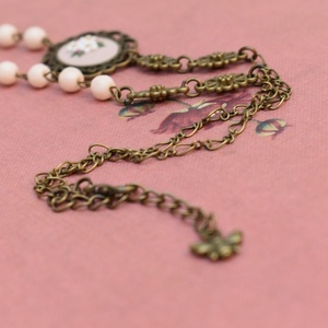 Vintage Rosary Necklace | Κολιέ από Μπρούντζο με Κρεμ Ημιπολύτιμες Πέτρες και Φλοράλ Σύνθεση (Πολυμερικός Πηλός, Μπρούντζος) (Μήκος 48cm + 5cm) - κοντά, λουλούδι, ροζάριο, μπρούντζος, αυξομειούμενα - 3
