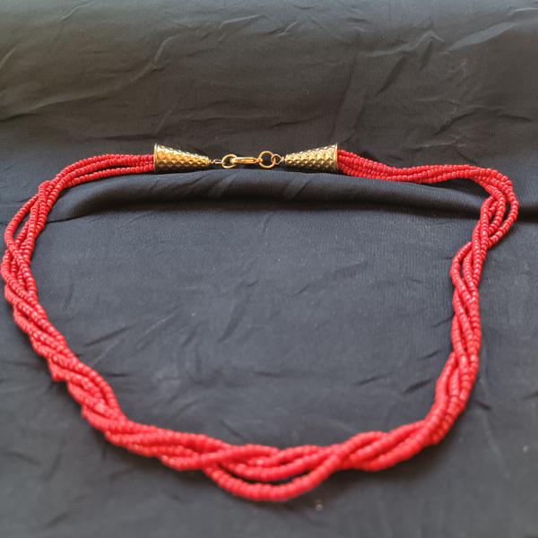 Κόκκινο κοντό κολιέ, 4πλο, στριφτό με seed beads - χάντρες, κοντά, πολύσειρα, seed beads - 2